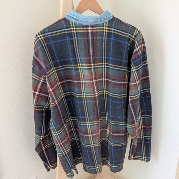 Vintage Eddie Bauer Denim Collared Plaid Zipper Front Henley Shirt In Black/Blue - Picture 6 of 7